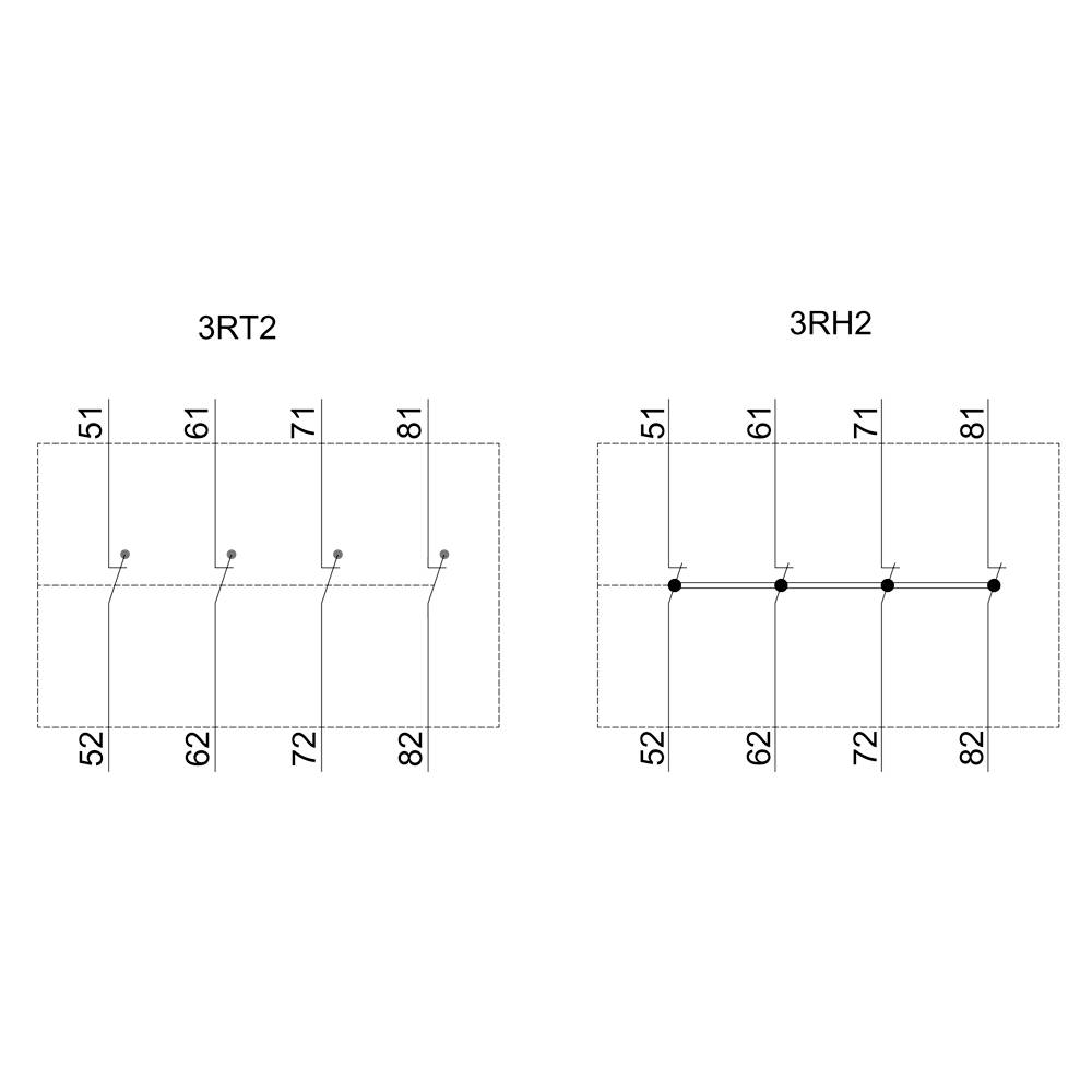 Schéma zapojení relé: Vlevo 3RT2 s připojovacími body 51 až 81, vpravo 3RH2 se stejnými čísly připojení, propojené horizontálními linkami.