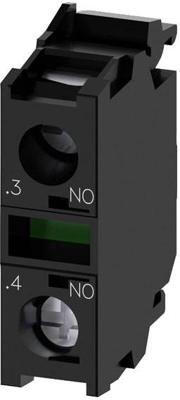 Černý elektrický spínač se dvěma kruhovými otvory, označený '.3 NO' a '.4 NO', určený pro ovládání elektrických obvodů.