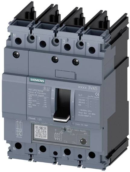 Jistič Siemens, model xxxx 3VA5, šedý, s popisovanými svorkami a pákou.