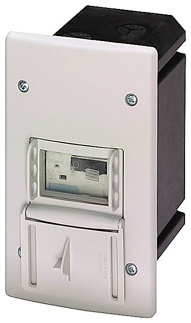 Elektronický měřič v obdélníkovém pouzdře se šrouby v rozích, s digitálním displejem a krytem.