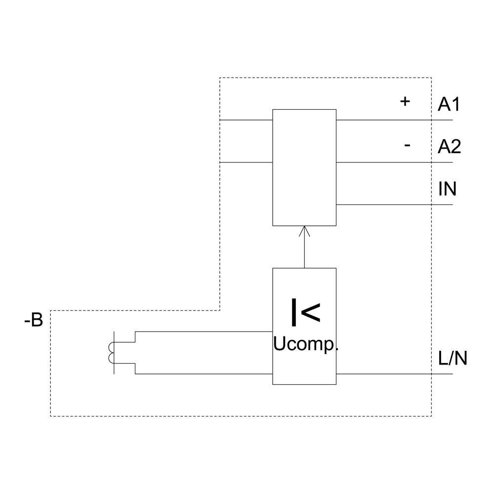 Elektrický schéma: Obdélník zobrazuje Ucomp s menším než symbolem, propojený vodiči s A1, A2 a IN. Popis -B, L/N.