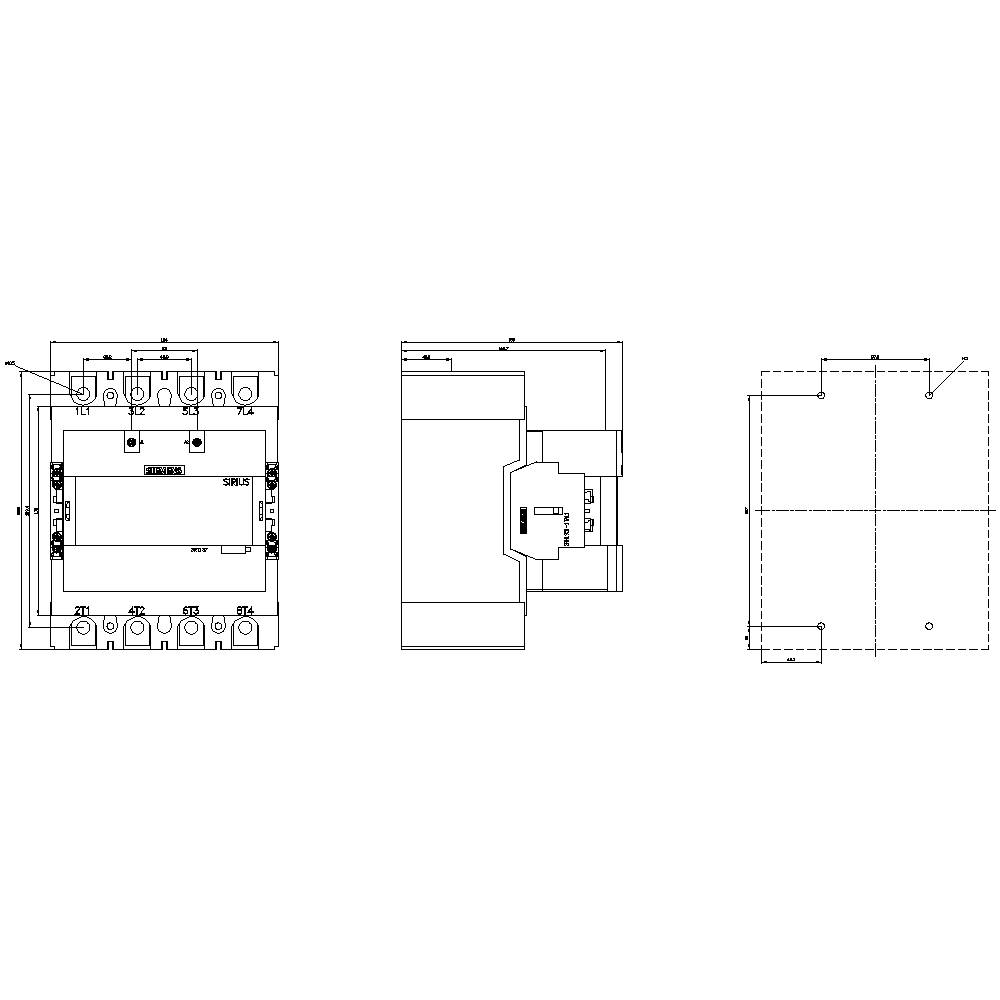 Technický výkres elektrické součástky se třemi pohledy: čelní pohled, boční pohled a pohled shora, s podrobnými rozměry.