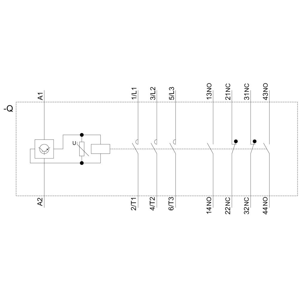 Schéma elektrického relé se symboly svorek a spínačů. Popis: 'A1', 'A2', '1L1', '3L2', '5L3', '2T1', '4T2', '6T3'.