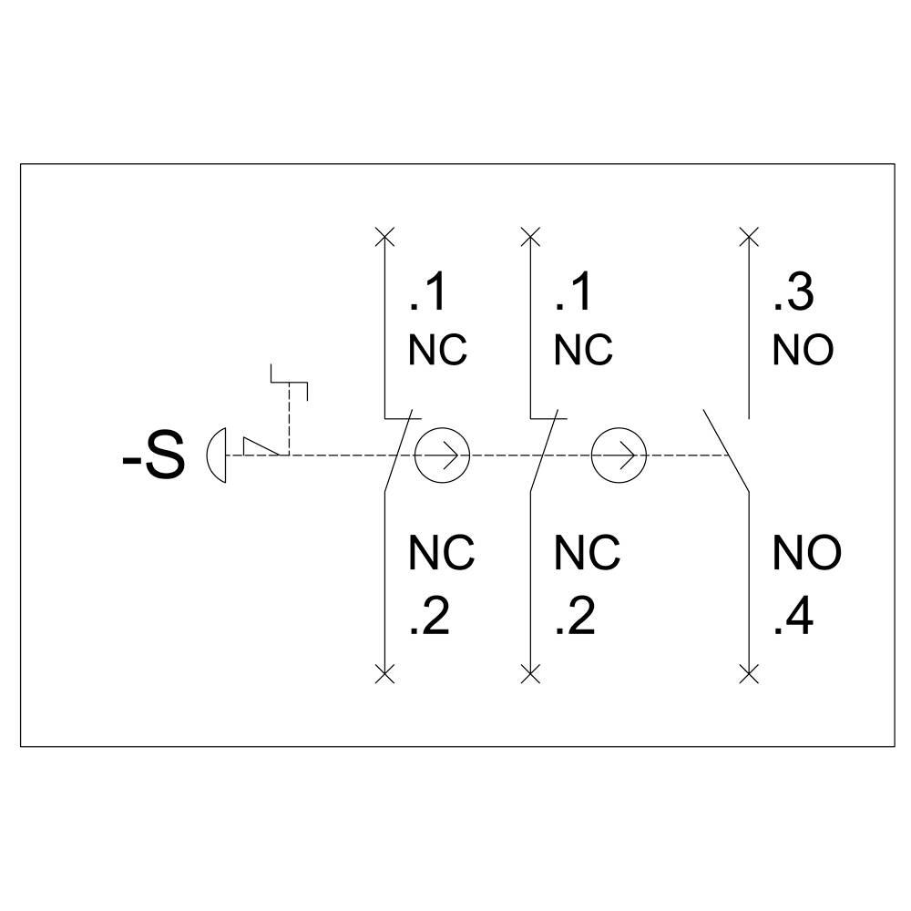 Elektrický schéma zapojení: Spínač (-S) s kontakty. Dva NC 0,1, přiléhají k NC 0,2. NO 0,3, vedle něj přiléhají k NO 0,4.