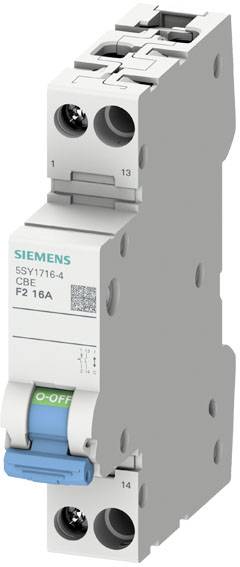 Spínací přístroj od Siemens s označením 'CBE', 'F2 16A', s modrým ovládacím páčkou a zeleným značením 'ZAP-VYP'.