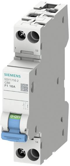 'Jistič Siemens, model CBE F1 16A, šedé pouzdro, zelený a modrý spínač pro funkci zapnuto/vypnuto.'