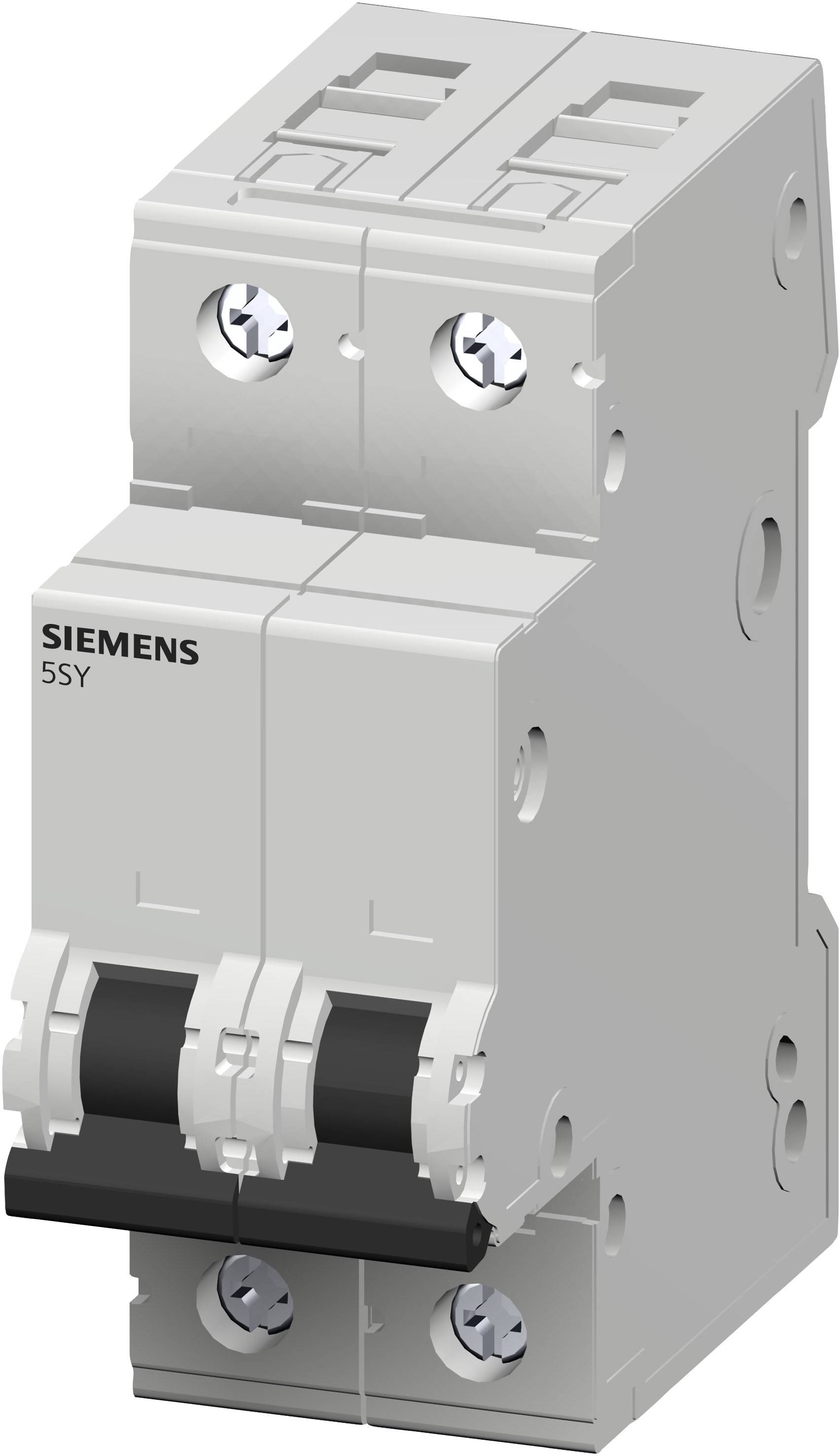 Jistič Siemens 5SY, šedý, dvoupólový s černým výklopným spínačem uprostřed, určený pro použití v elektrických zařízeních.