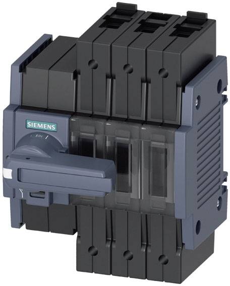 Šedý výkonový spínač od Siemensu s ovládací pákou a několika svorkami. Hlavní komponenta pro elektrické řízení.