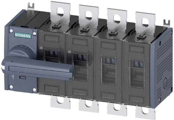 Výkonový spínač Siemens s několika spínacími kontakty, namontovaný na kovovém držáku, určený pro distribuci a jištění elektrického proudu.