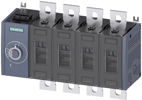 Čtyřpólový elektrický spínač od Siemensu s otočným knoflíkem na levé straně, pravděpodobně určený pro průmyslové aplikace.