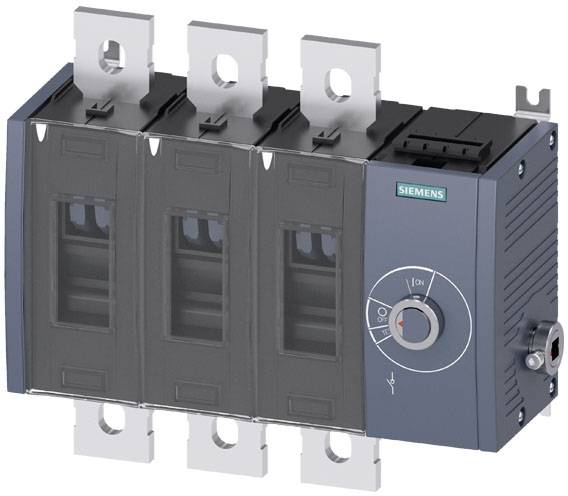 Elektrický spínač značky Siemens se třemi spínacími polohami a ovládacím knoflíkem vpravo, vhodný pro průmyslové aplikace.