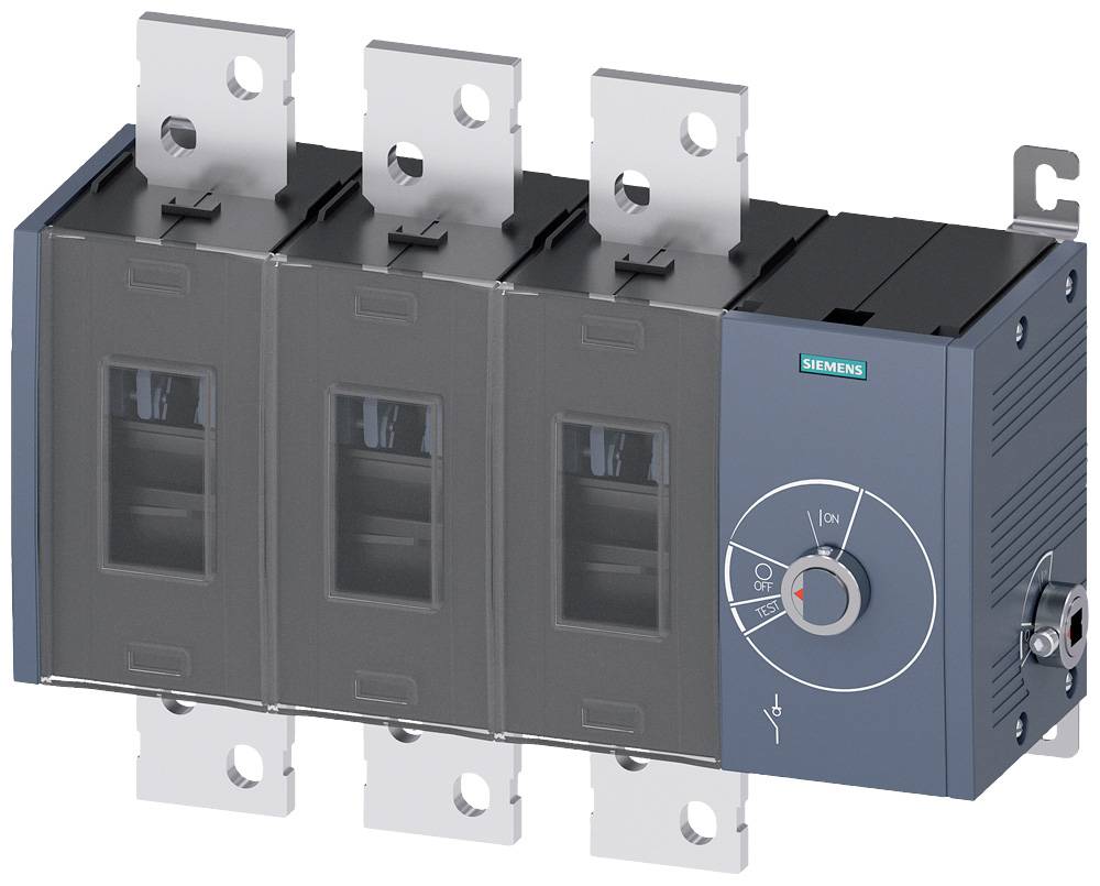 Třípólový hlavní vypínač od Siemensu, vhodný pro průmyslové aplikace. Ukazuje spínací mechanismus a upevňovací body.