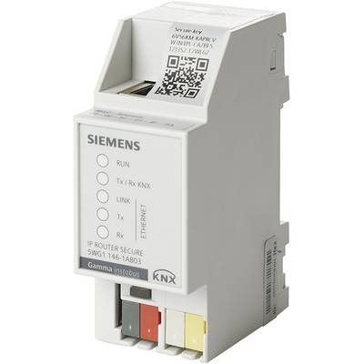 Bílý IP router Siemens Secure pro KNX instalace s ethernetovým připojením a stavovými LED, označený 'Gamma instabus'.
