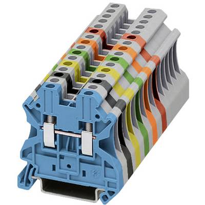 Šedá elektrická svorkovnice s několika svorkami v různých barvách pro organizaci a propojení kabelů.