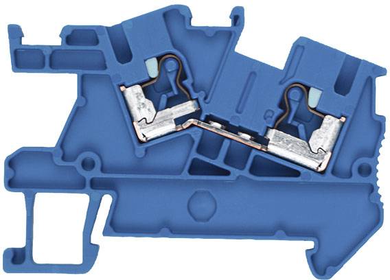 Příčný řez modré elektrické svorky ukazuje vnitřní kontakty a vedení vodiče.