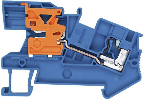 Příčný řez modro-oranžového mechanického zařízení s měděným vedením, zobrazující vnitřní strukturu a komponenty.