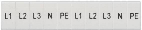 Několik bílých dlaždic v řadě, které jsou označeny písmeny a čísly: 'L1', 'L2', 'L3', 'N', 'PE'.