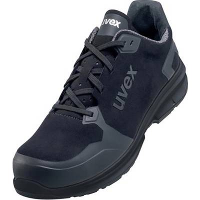 Černý bezpečnostní polobotka s šedými akcenty a tkaničkami značky 'uvex', určená pro použití v průmyslovém prostředí.