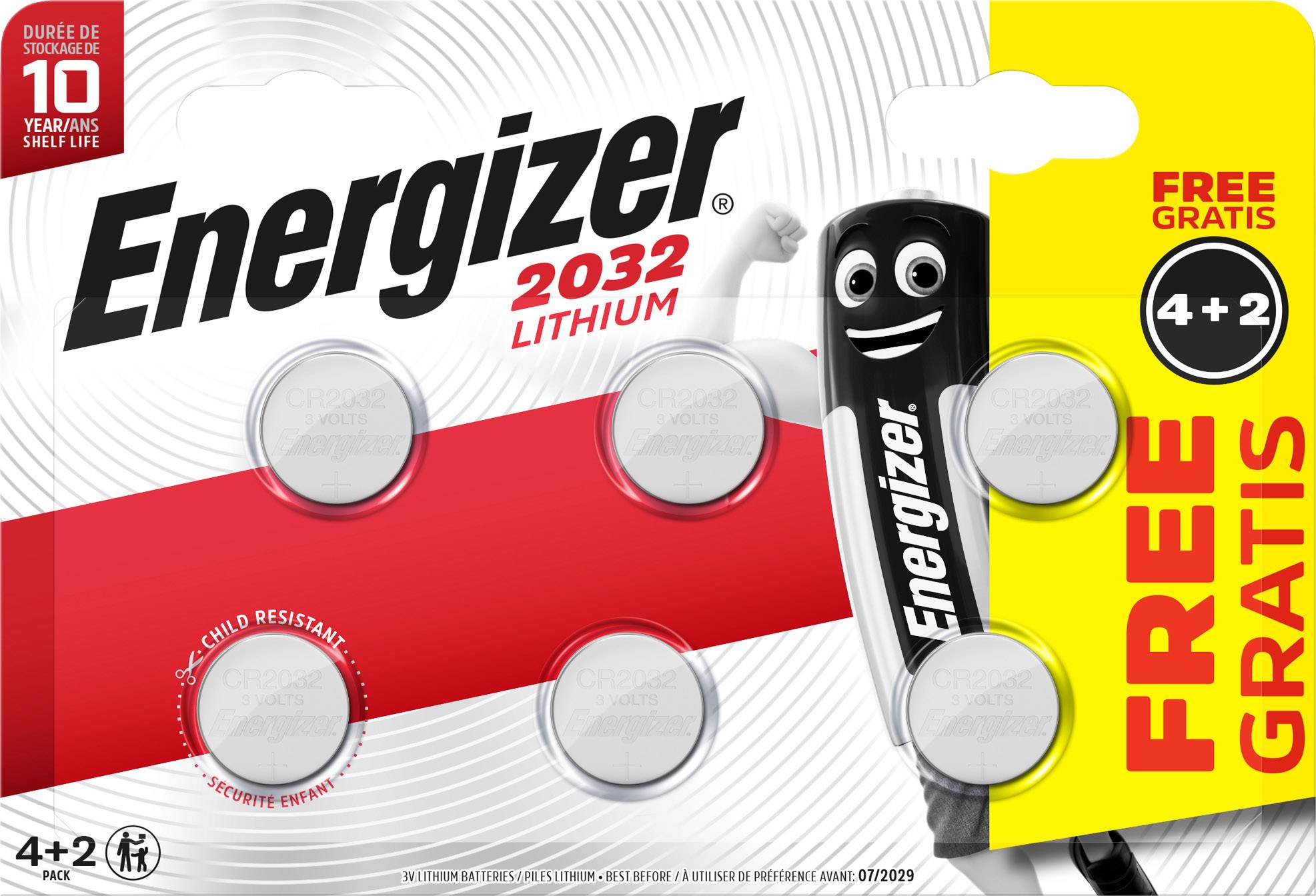 Balení lithiových baterií Energizer, model 2032. Šest baterií (4+2 zdarma) s označením 'Skladovatelnost 10 let'.