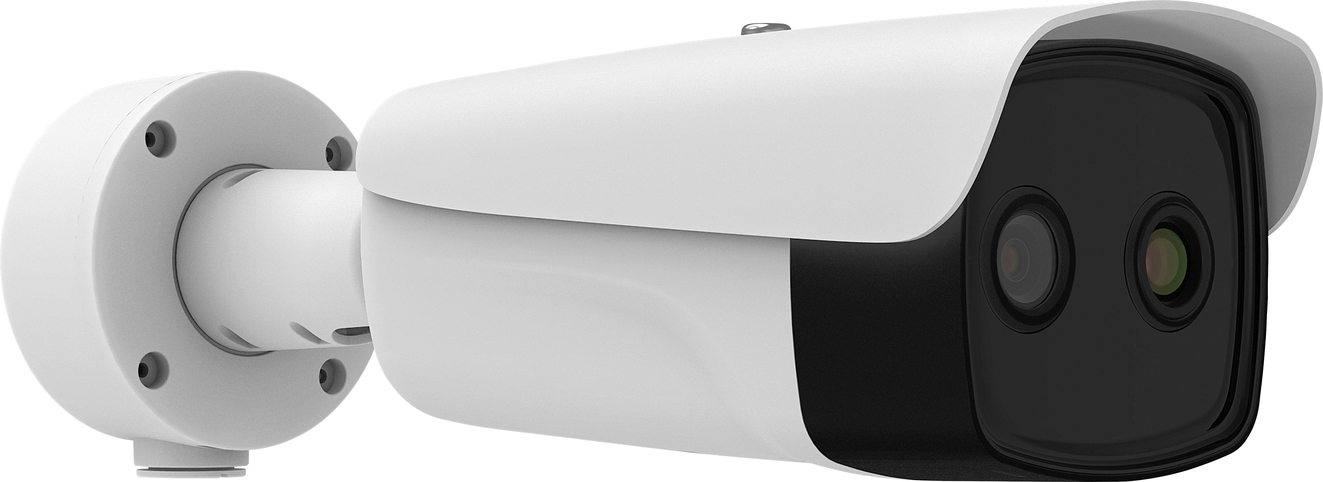 Kamera bezpečnostního systému válcovitého tvaru, upevněná na nástěnném držáku. Má bílé tělo s černým předním krytem.