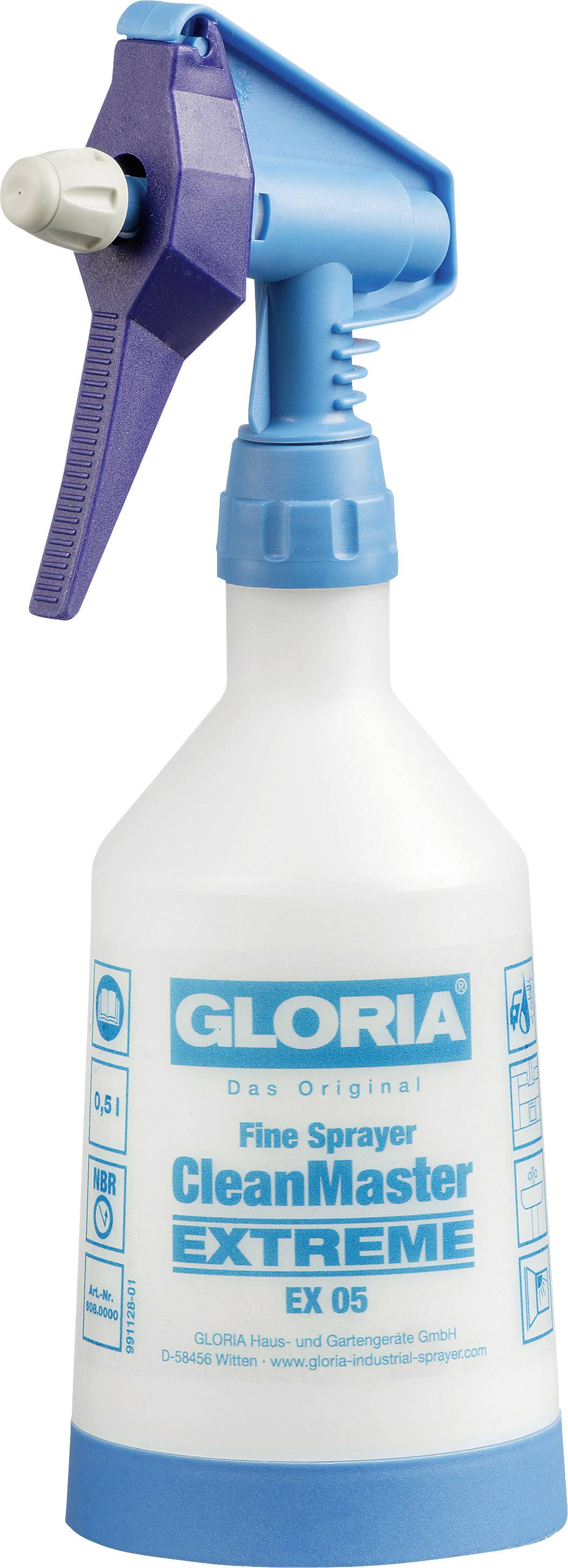 Bílá rozprašovací láhev s modrou tryskou, označená nápisem 'GLORIA CleanMaster EXTREME EX 05', vhodná pro čisticí prostředky.