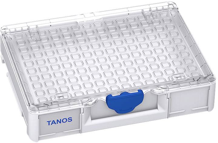Plastový úložný box s průhledným víkem a modrými uzavíracími klipsy, značka Tanos.