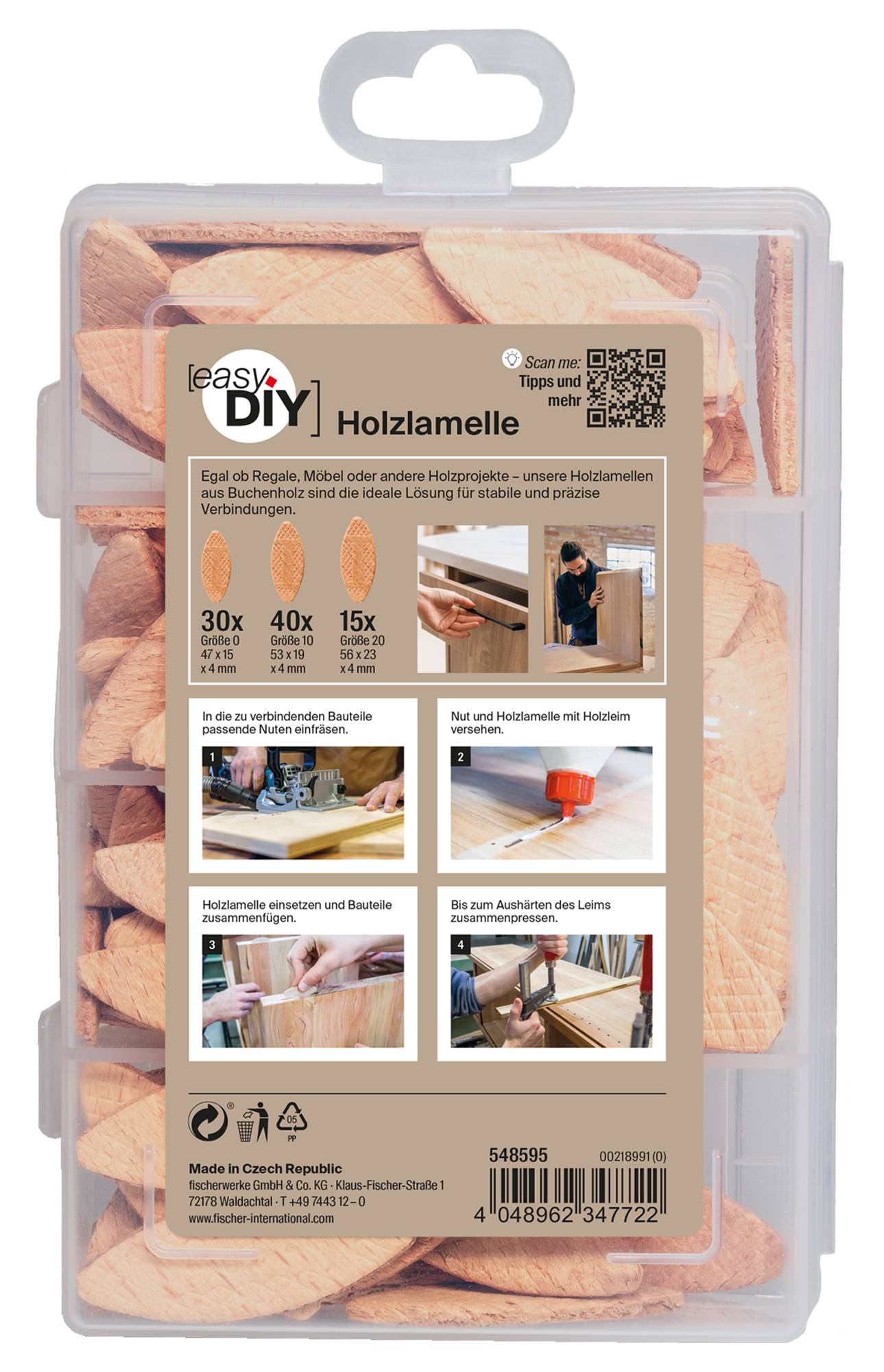 Plastový úložný obal s dřevěnými latěmi Holzlamelle pro DIY použití, s označením EasyDIY, QR kódem, údaji o množství a fotogramiemi sestavení na přední straně.