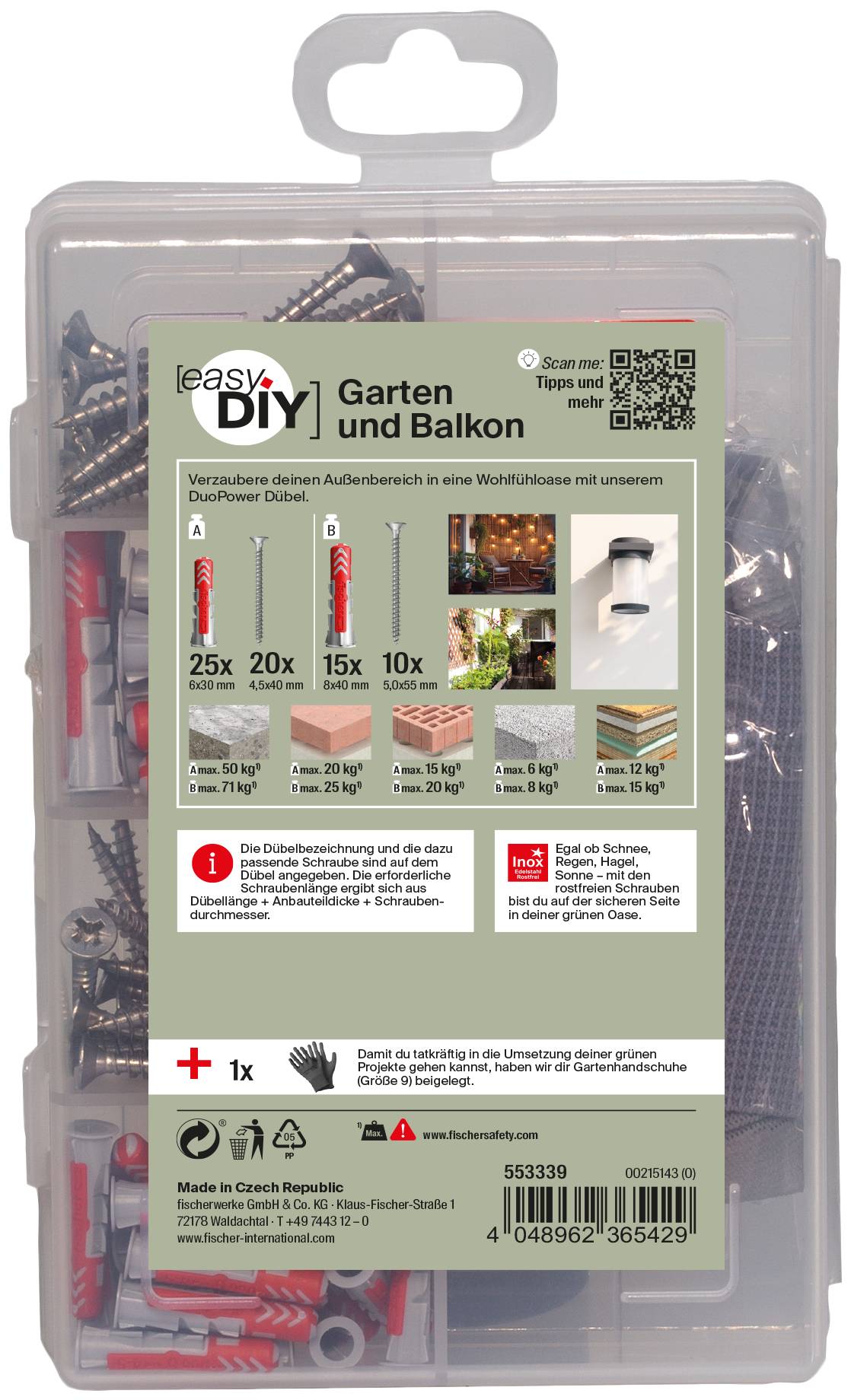 Balení zapuštěných kotev a šroubů easyDIY pro zahradu a balkon v průhledné plastové skříňce, označené detaily produktu a množstvím.