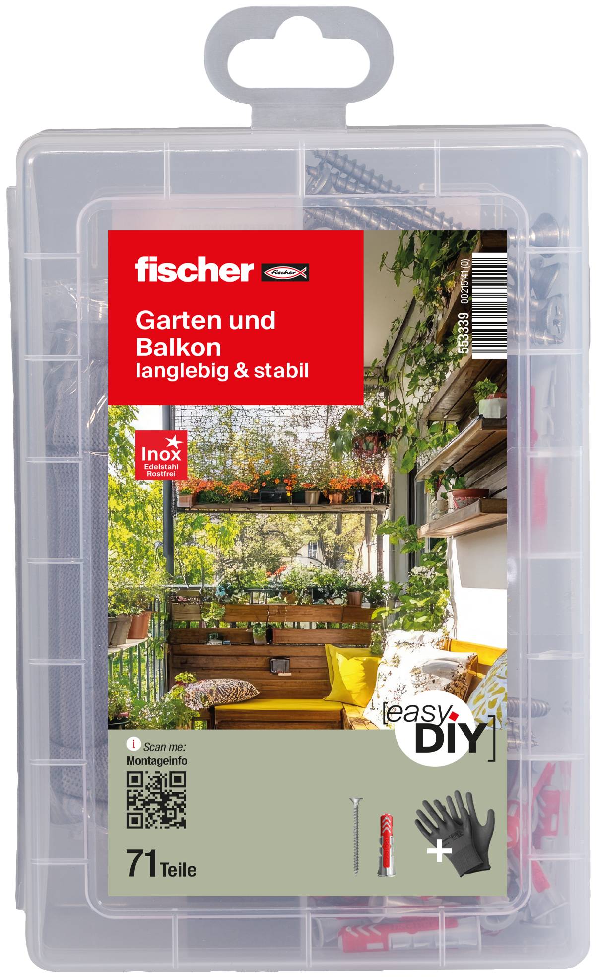 Plastový úložný box s příslušenstvím Fischer pro zahradu a balkon, označený 'Garten und Balkon', 'langlebig & stabil', 71 dílů, s QR kódem a ikonou rukavic pro DIY.