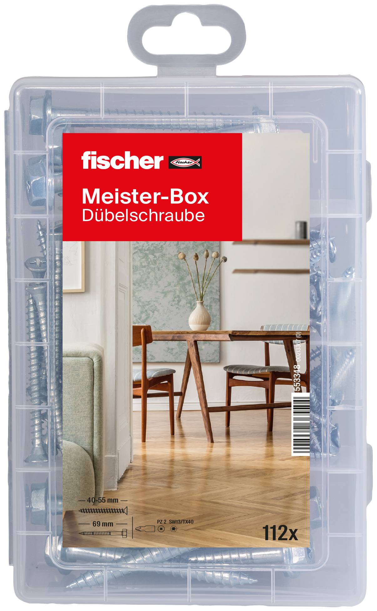 Plastová krabice Fischer Meister-Box 'Dübelschraube' se soupravou plastových hmoždinek a vrutů do stěny v průhledném úložném pouzdře, označená 112x.