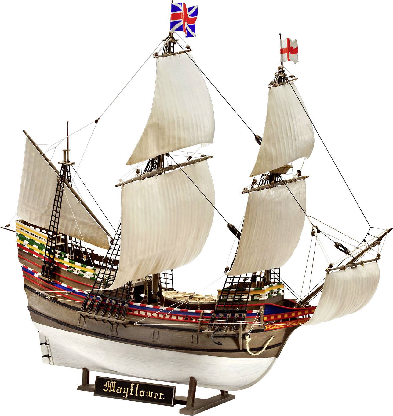 Model lodi 'Mayflower' s plachtami a vlajkami. Historická loď proslulá plavbou prvních poutníků do Ameriky.