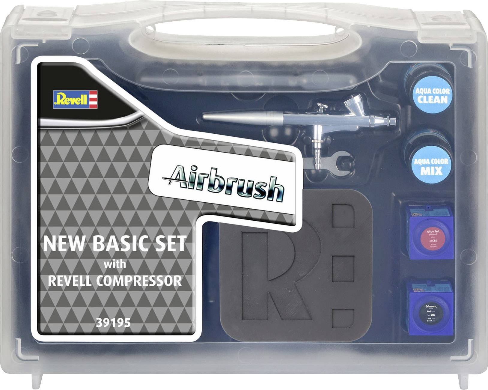 Sada airbrush od Revell v transparentním kufříku; obsahuje kompresor, štětec a tři barvy. Číslo: 39195.