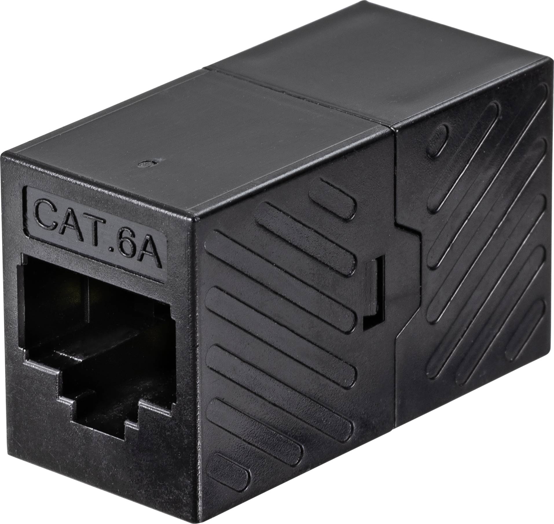 Černý síťový adaptér CAT.6A s konektorem RJ45. Slouží k propojení ethernetových kabelů pro rychlé síťové připojení.