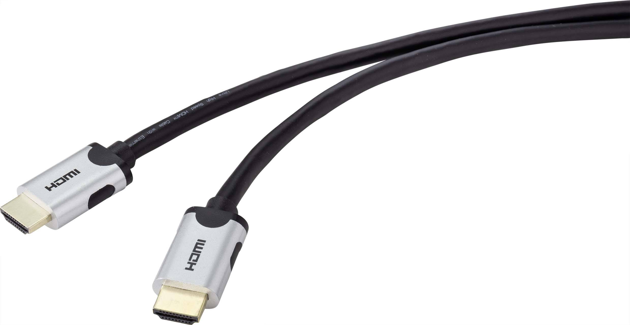 Dva stříbrné HDMI kabely s černými konektory na světlém pozadí.