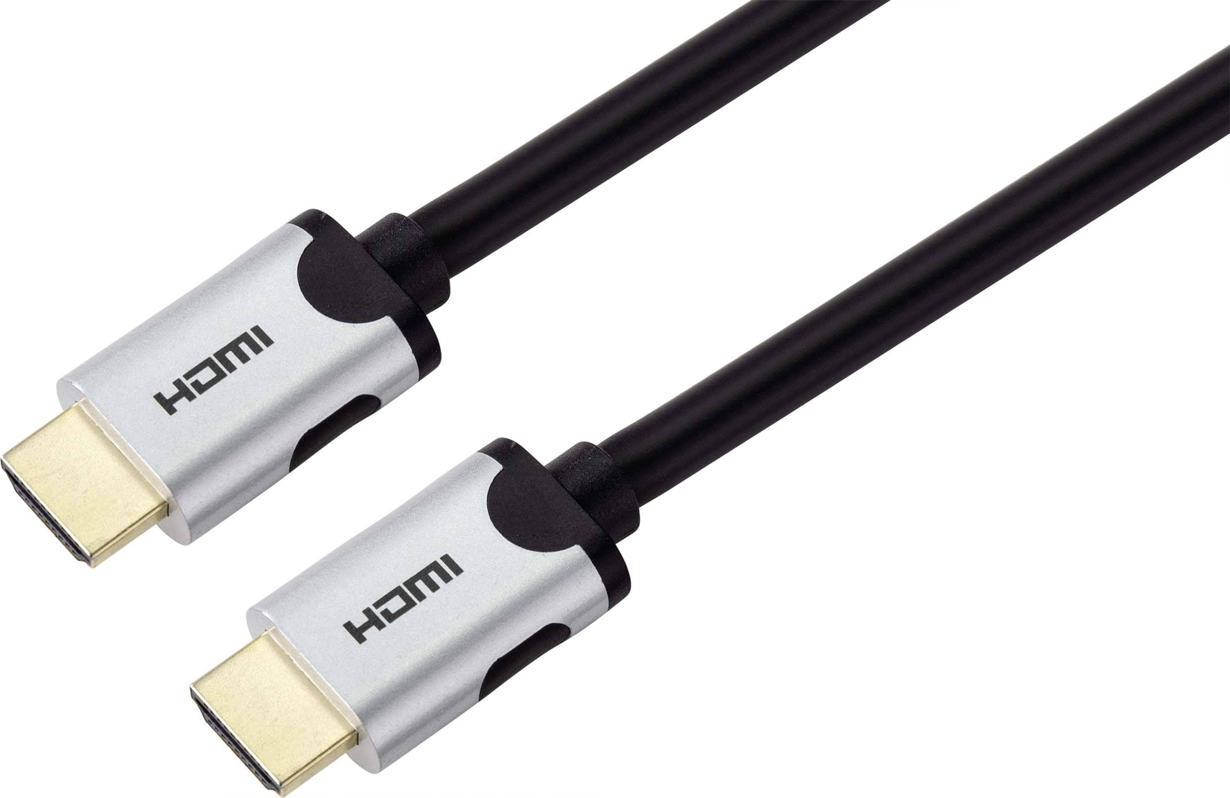 Dva HDMI kabely se stříbrnými konektory na černém pozadí.