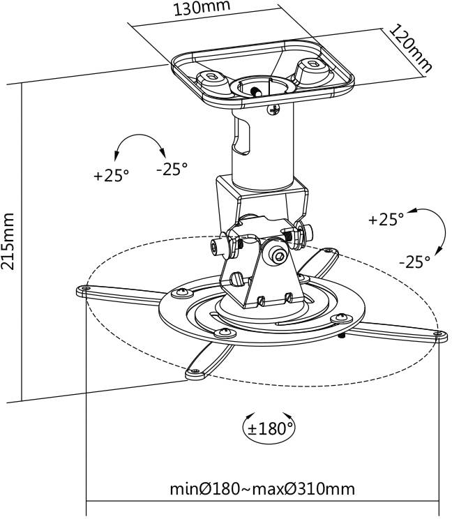 Stropní držák pro projektory s nastavitelnými úhly. Maximální průměr 310 mm, minimální 180 mm. Výškové nastavení 215 mm.