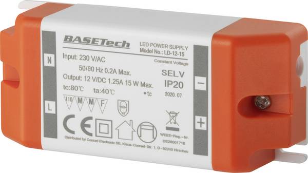 Basetech LD-12-15 napájecí zdroj pro LED  konstantní napětí 15 W 1.25 A  schválení nábytku , přepětí , montáž na nehořlavém povrchu  1 ks