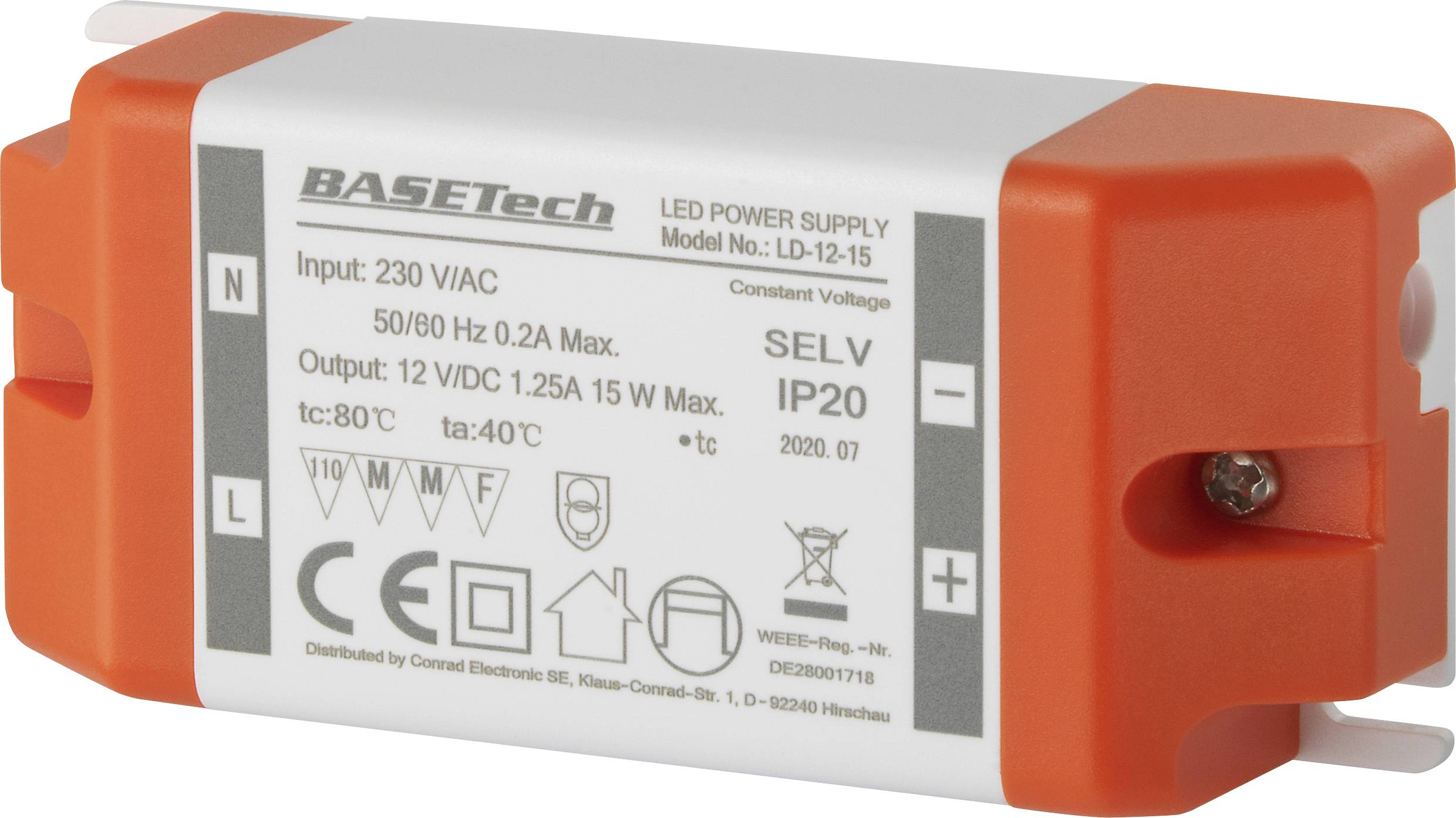 LED driver v červeném pouzdře. Potisk zobrazuje technické specifikace: Vstup 230V AC, výstup 12V DC, 15W. Značka 'BASETech'.