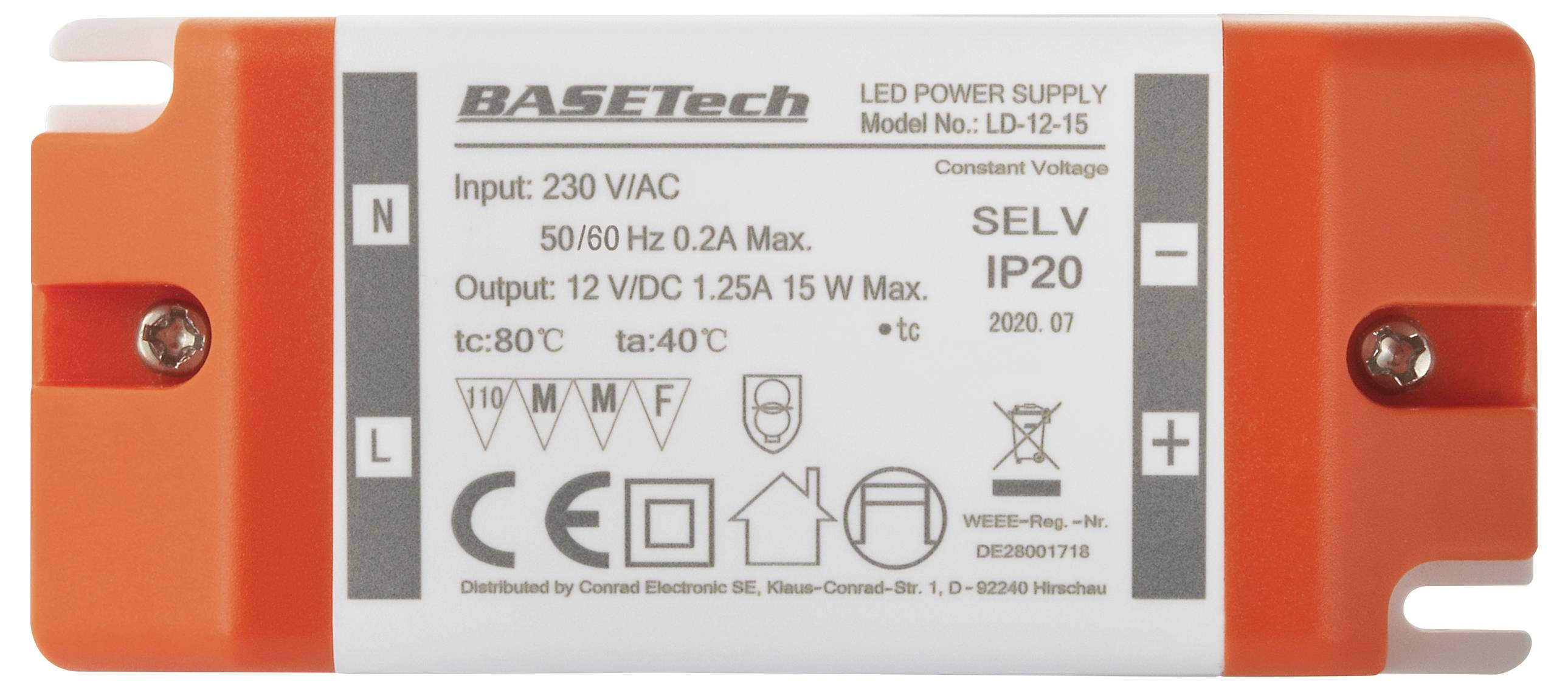LED napájecí zdroj, model: LD-12-15, vstup: 230 V AC, 50/60 Hz, výstup: 12 V DC, 1,25 A, 15 W, třída krytí: IP20, teplotní rozsah: -40°C až 80°C.