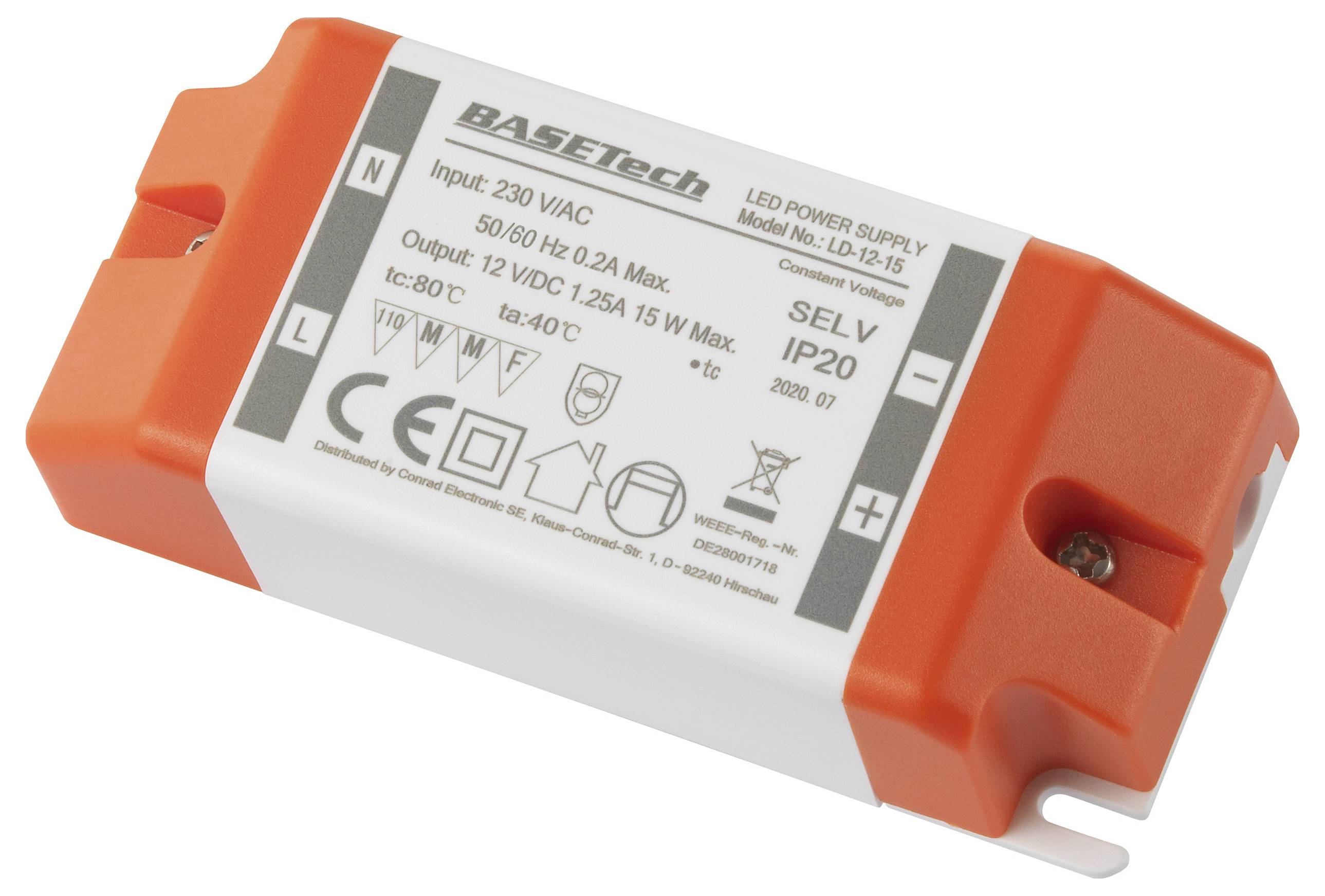 Napájecí zdroj od Basetech, model LD-12-15, vstup 230 VAC, výstup 12 VDC, 1,25 A, 15 W. Stupeň krytí IP20. Vhodný pro LED aplikace.