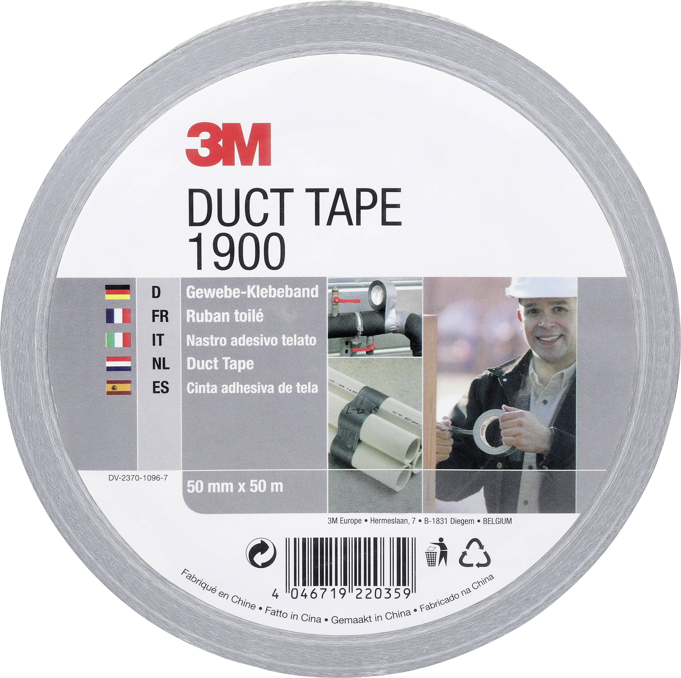 3M lepicí páska 1900 role v balení označená v několika jazycích s obrázky produktu, čárovým kódem a velikostí 50 mm x 50 m.