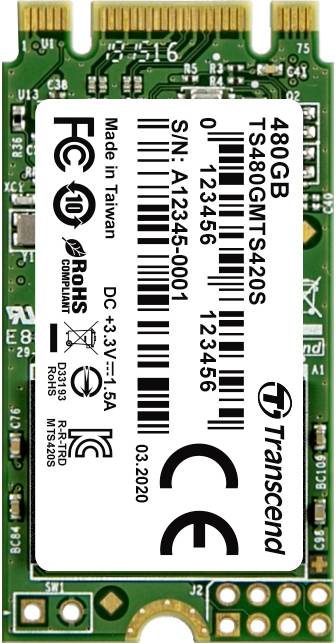 Pevný disk od Transcendu, 480 GB, model TS480GMSA420S, sériové číslo A-12345-0001, vyrobeno na Taiwanu v březnu 2020.