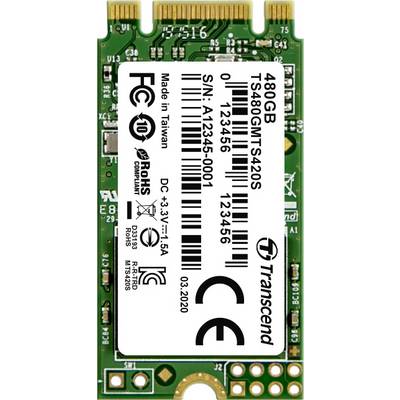 Pevný disk od Transcendu, 480 GB, model TS480GMSA420S, sériové číslo A-12345-0001, vyrobeno na Taiwanu v březnu 2020.