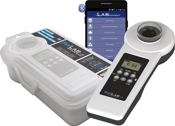 Water ID PoolLab 1.0 Photometer fotometr  chlor, alkalita , pH hodnota , aktivní kyslík, kyselina kyanurová, bróm, oxid chloričitý, ozón, Peroxid vodíku, tvrdost vody, celková tvrdost, močovina, PHMB