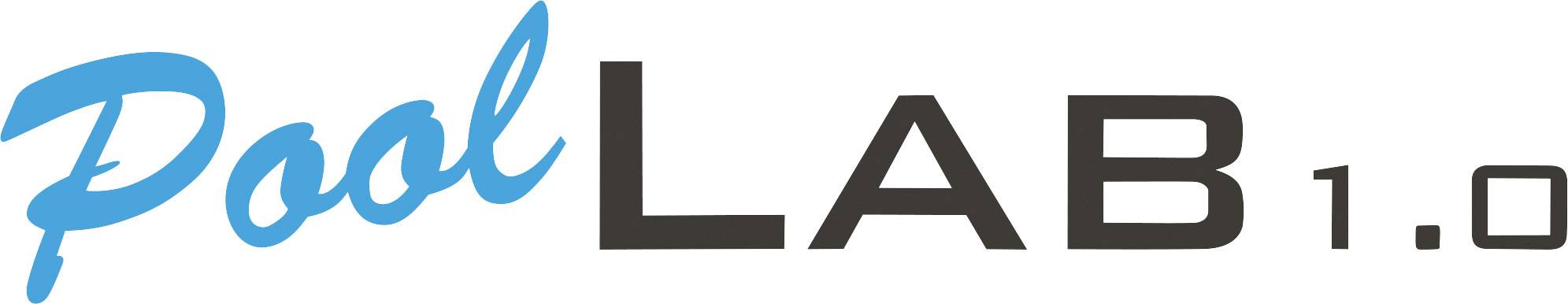Logo 'PoolLAB 1.0' v modré a černé barvě.