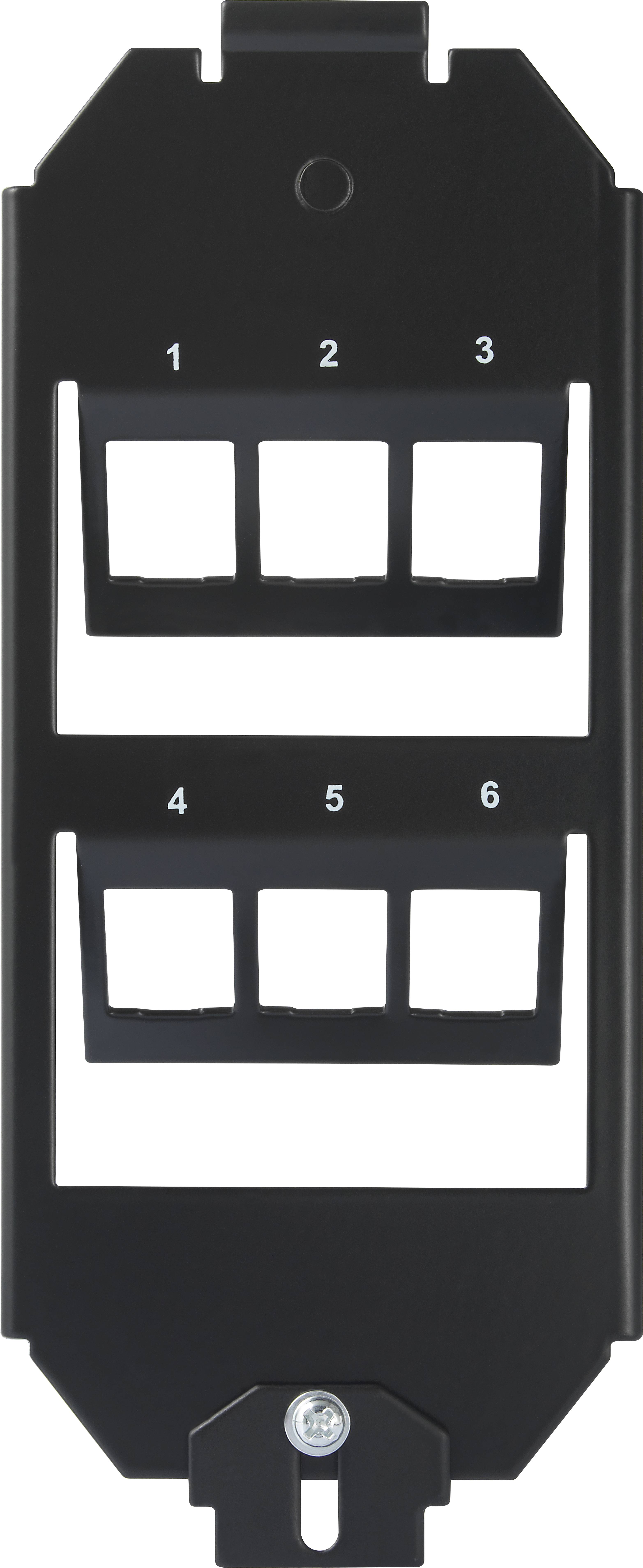 Černý 6-násobný krytý slepý panel Keystone, očíslovaný od 1 do 6, určený pro upevnění až šesti konektorů v patch panelu.