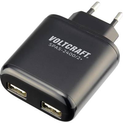 Černá nabíječka se dvěma USB porty, model 'VOLTCRAFT SPAS-2400/2+', vhodná pro evropské zásuvky.