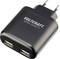 Černá nabíječka se dvěma USB porty, model 'VOLTCRAFT SPAS-2400/2+', vhodná pro evropské zásuvky.