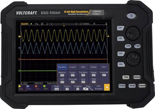 VOLTCRAFT DSO-5104H Ruční osciloskop 100 MHz, 4kanálový, 1 GSa/s, 40 Mpts, 14 Bit, s pamětí (DSO), ruční provedení, 1 ks, VC-11332625