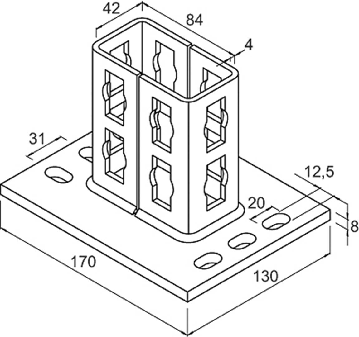 Technický výkres kovového spojovacího prvku se základovou deskou. Rozměry: délka 170 mm, šířka 130 mm. Výška podstavce: 12,5 mm. Zástrčné připojení: 84 mm vysoké.